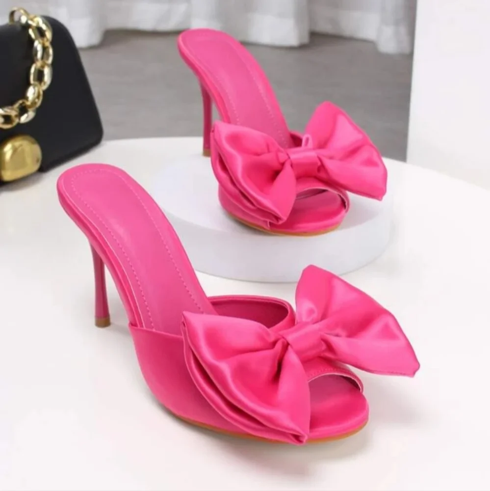 Pink Satin Bow High Heeled Mule Shoe - Picture 5 of 6